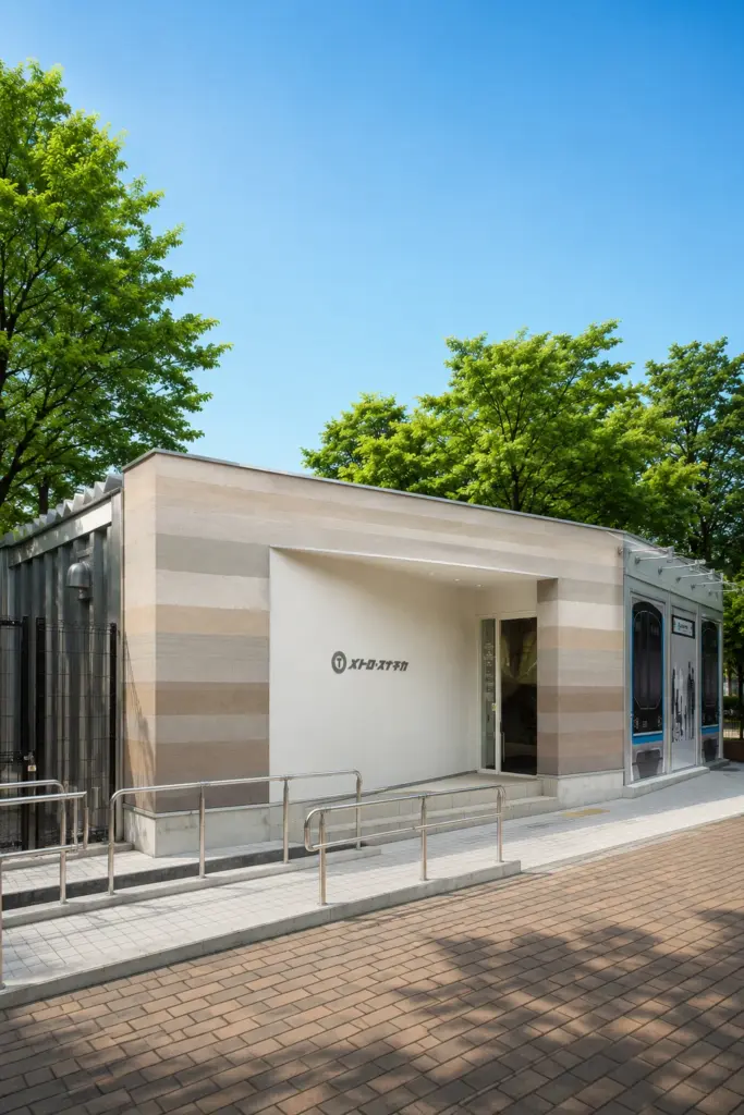 南砂改良工事-メトロ・スナチカ｜コンテナ施設事例 — 入口・展示・トイレ機能を効率的に備えた公共向けコンテナ施設
