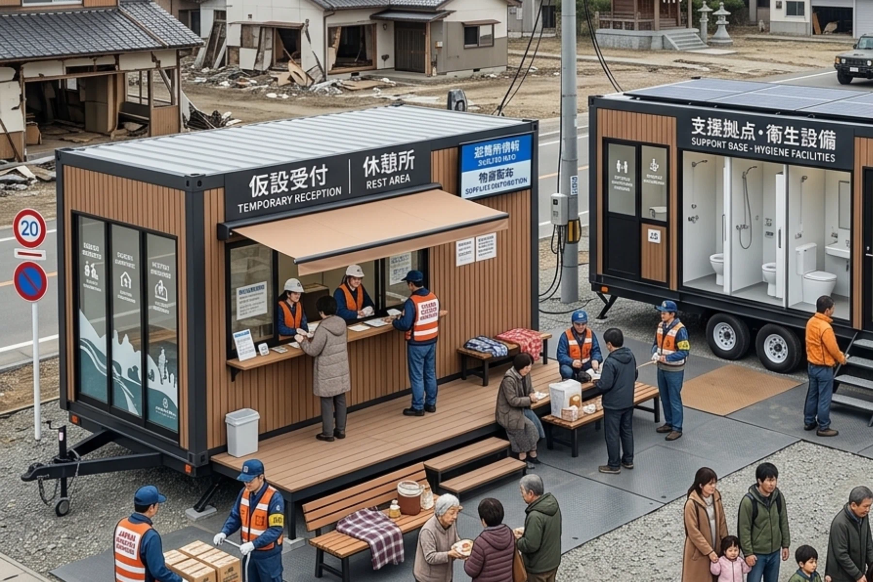Yustellar Cuboxの災害対応コンテナトレーラー。仮設受付・休憩スペース・衛生設備を備えた移動式支援ユニット。