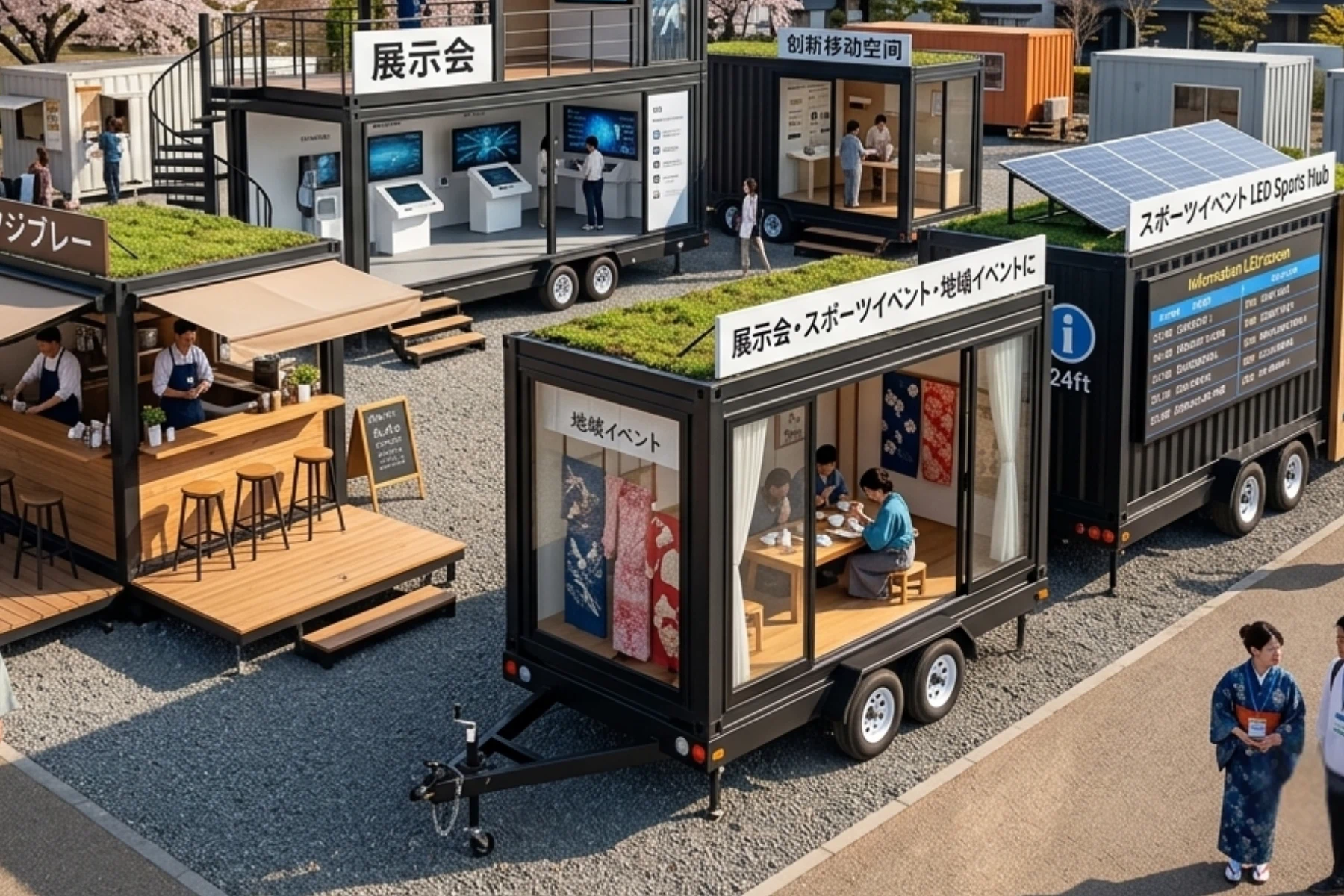 Yustellar Cuboxのイベントブース向け移動式コンテナショップ、トレーラーシャーシ付き