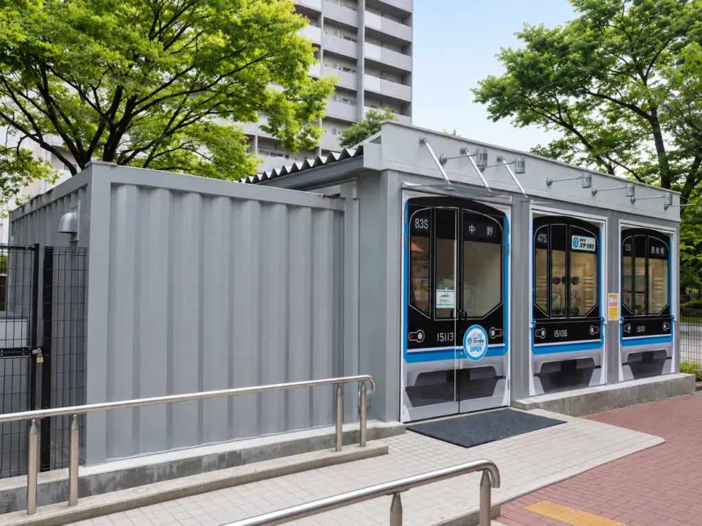 東京・南砂町のコンテナ製インフォメーション施設。車両デザインを再現した外装のコンテナ建築メーカー Yustellar Cubox 施工事例。
