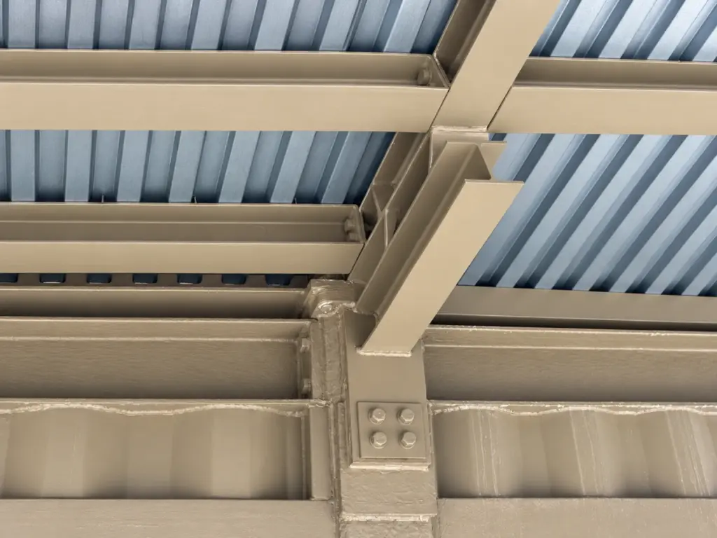 鉄骨梁柱の高力ボルト接合部。溶接・塗装品質まで管理するモジュール建築工場 Yustellar Cubox。